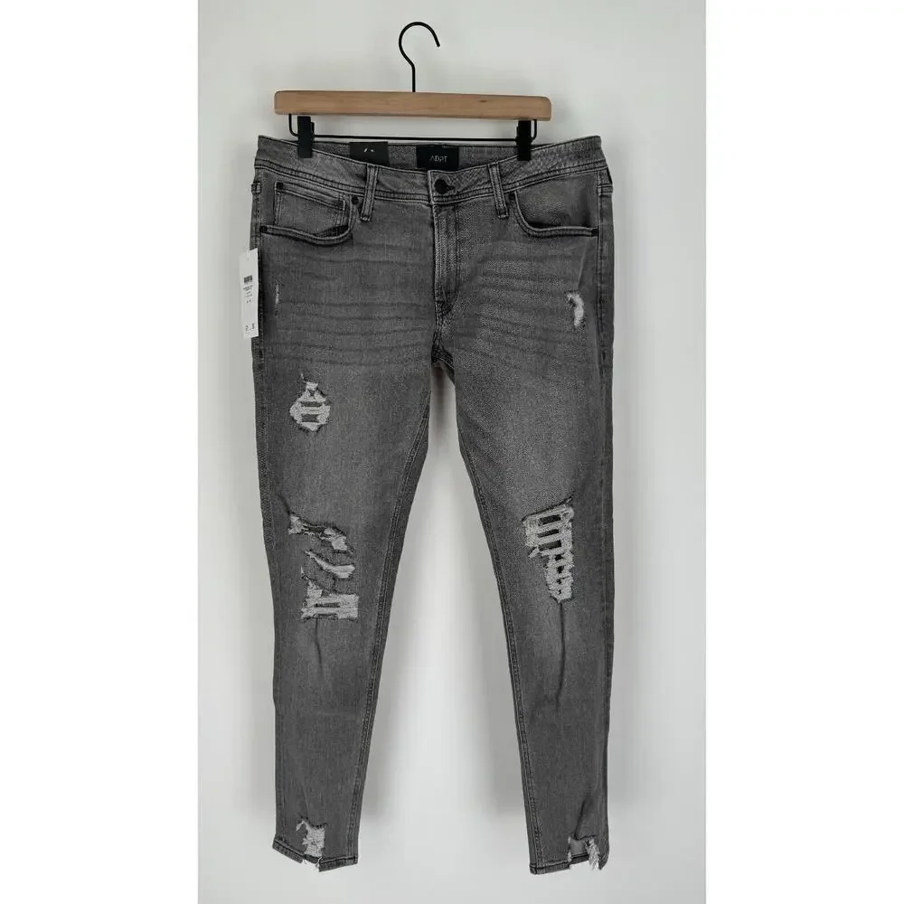 ADPT Mens Grey Denim Spray On Skinny Fit Jeans Distressed Heavy Rips Size 34x32
